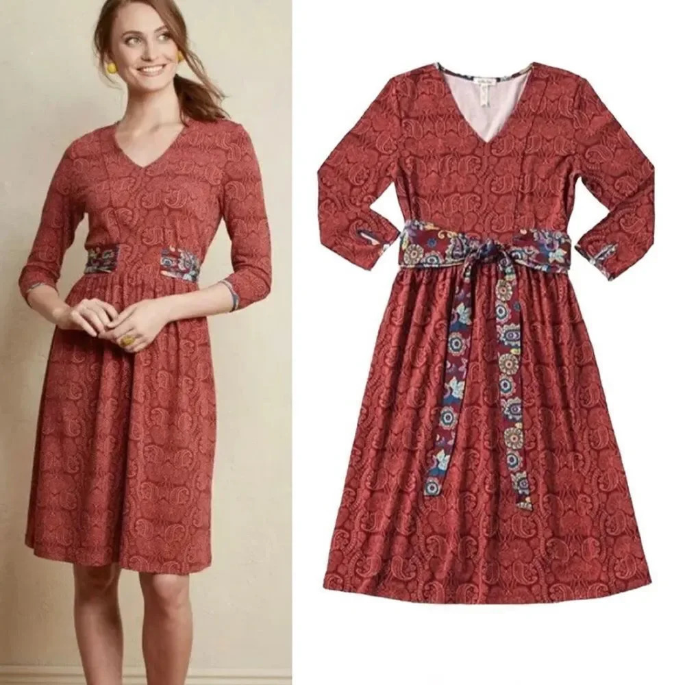 Matilda Jane Ariana Paisley Tie Dress Size Large Friends Forever 3/4 Sleeve EUC